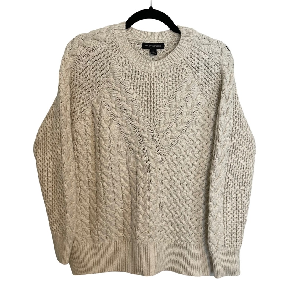 Banana Republic Cream Cable Knit Merino Wool Blend Sweater Womens Med Fisherman